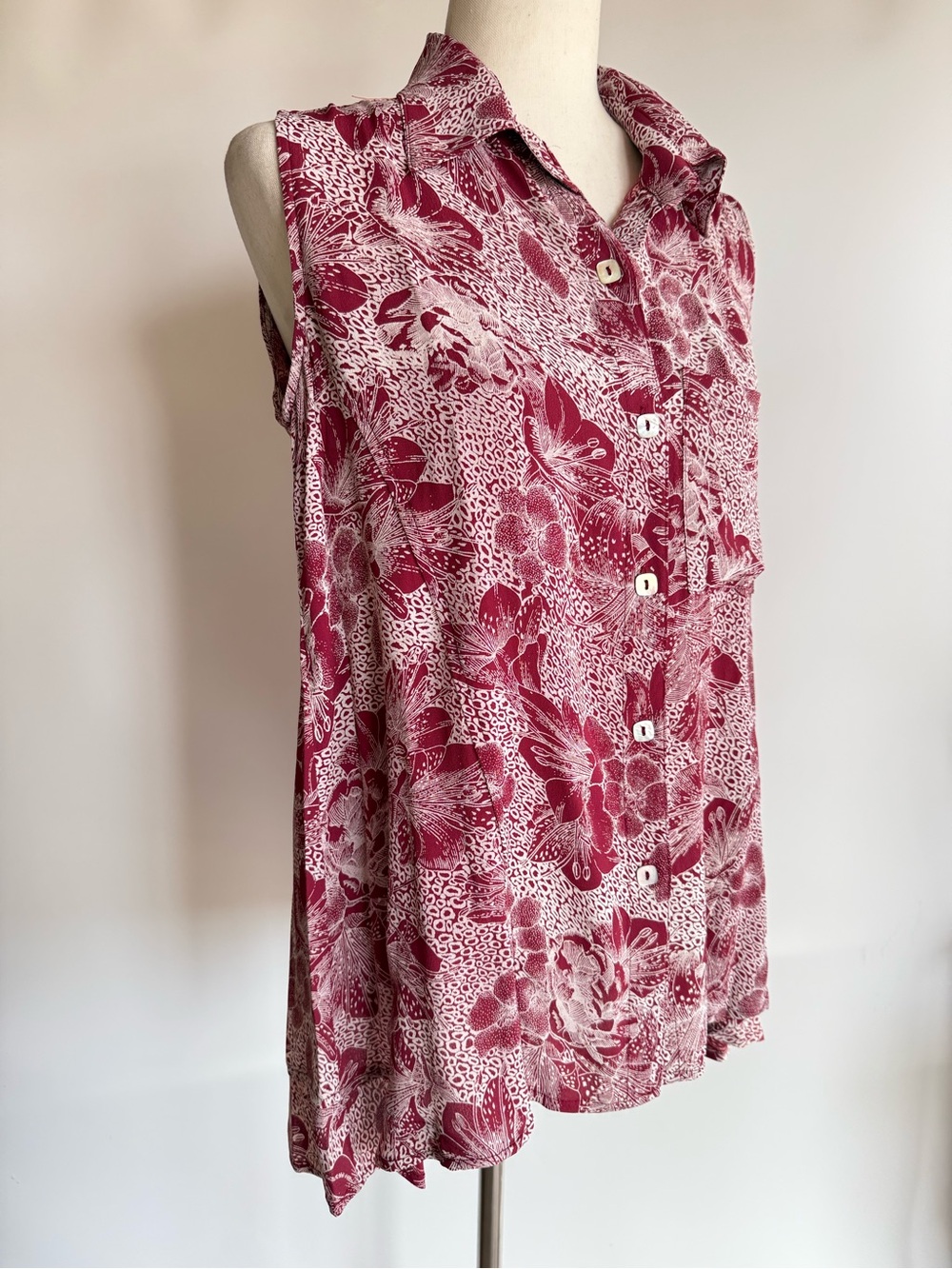 Loco Lindo Womens Floral Print Sleeveless Button-Up Shirt Blouse Top S Red VTG